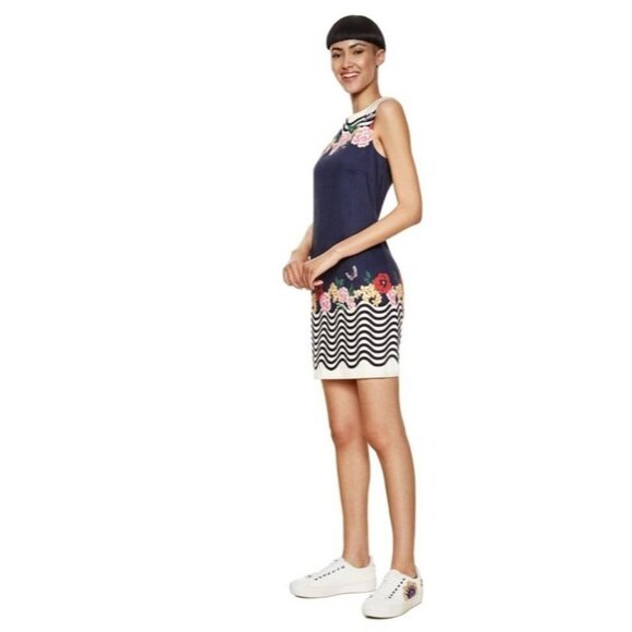 Desigual Prudencia Sheath Dress US 10 Linen Blend Sleeveless Navy Floral Waves - Picture 1 of 12